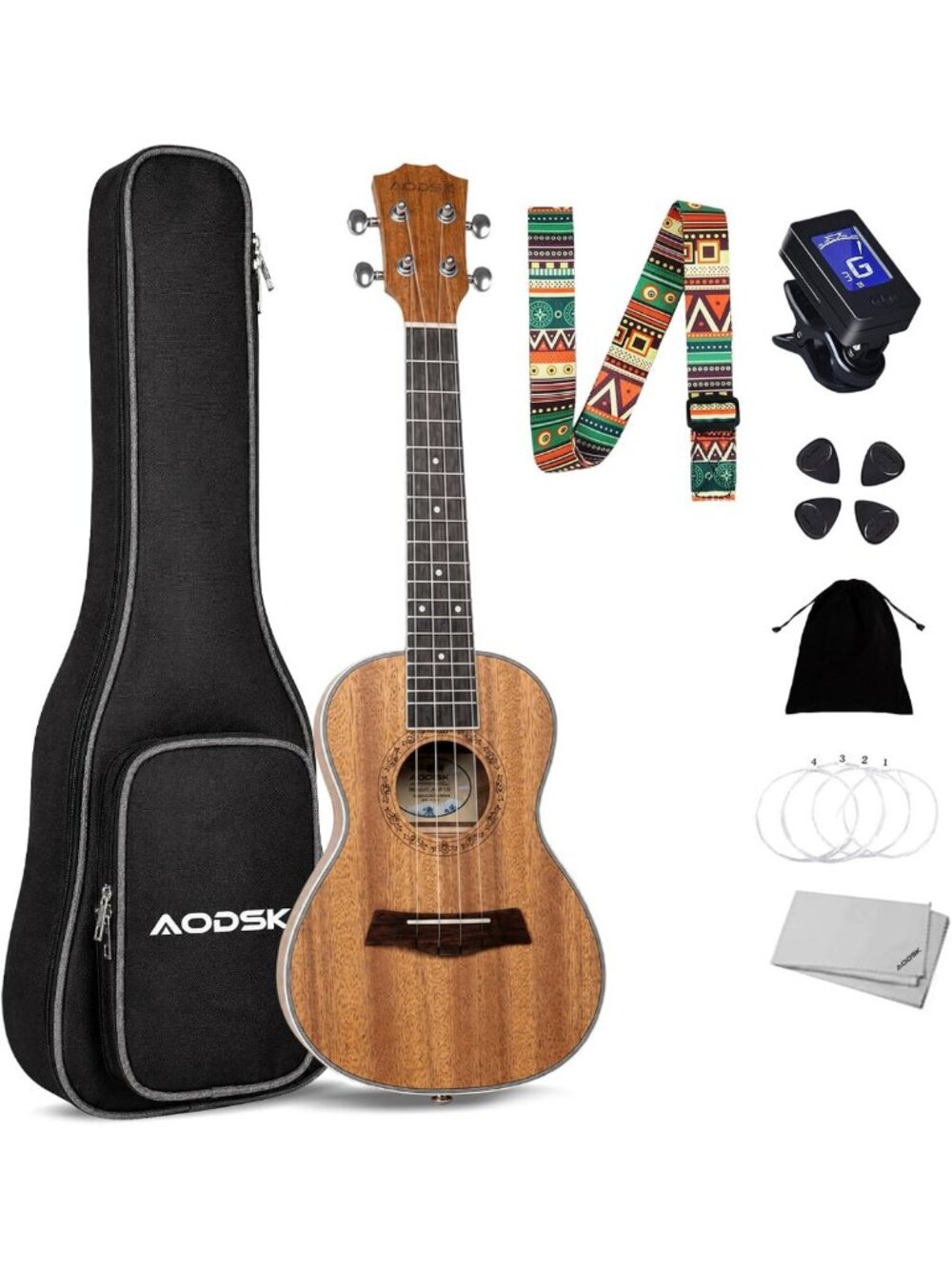 Mahogany Soprano Ukulele Kit - 21" Beginner Set with Gig Bag, Strap, Tuner